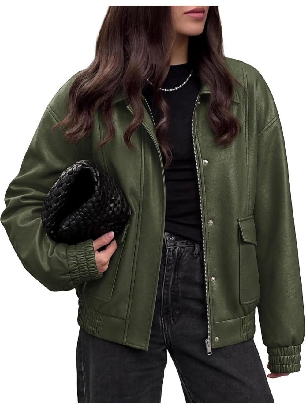 Women's Green Faux Leather Fall Clothes Long Sleeve Jacket Snap and Zipper